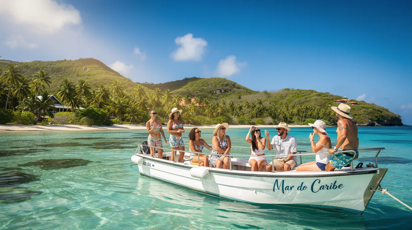 Um grupo de pessoas se diverte em uma embarcação, próxima à costa caribenha, cercada por águas azul turquesa. Ao fundo, é possível ver as belas paisagens da ilha de Curaçao, um destino popular entre turistas em busca de férias paradisíacas.