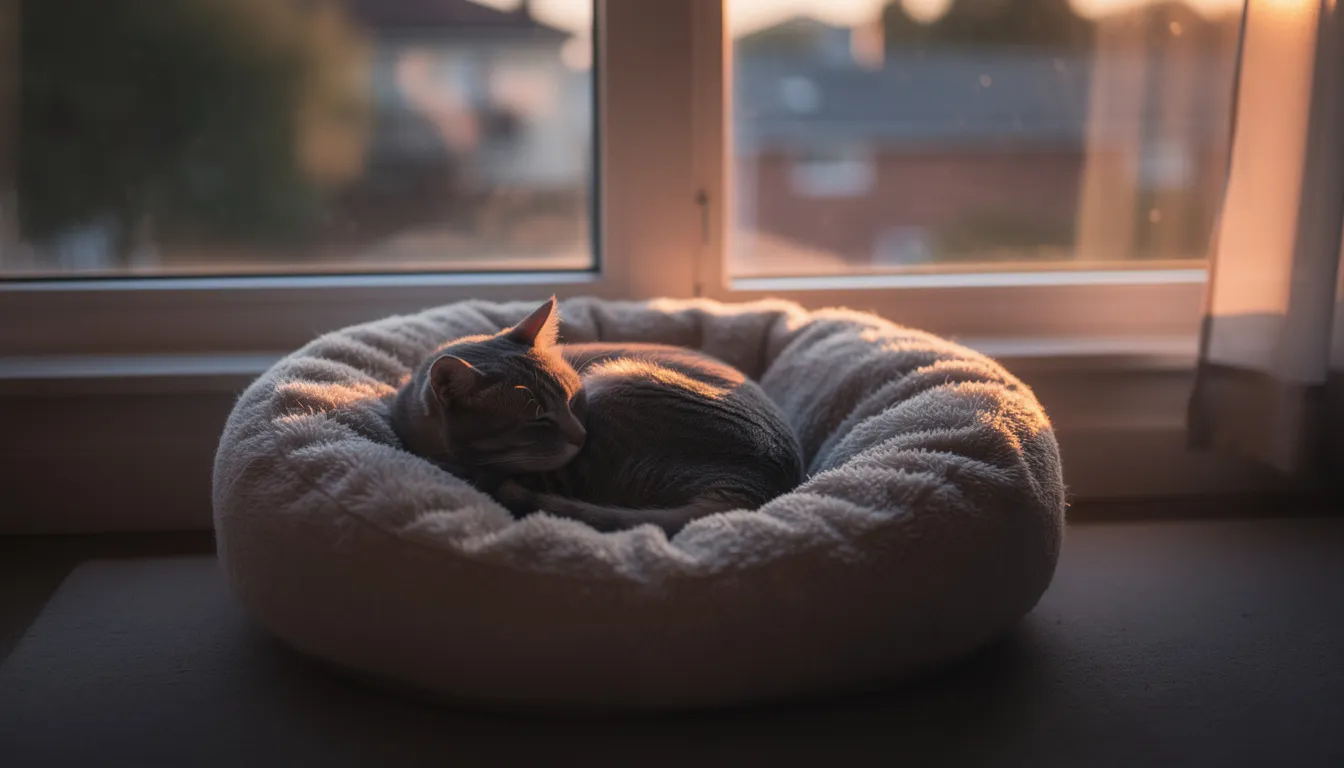 A fluffy cat is curled up in a soft pet bed, basking in the warm evening light streaming through a nearby window. This cozy scene highlights the importance of a pet's internal clock and how daylight saving time can affect their sleep patterns and daily routines.