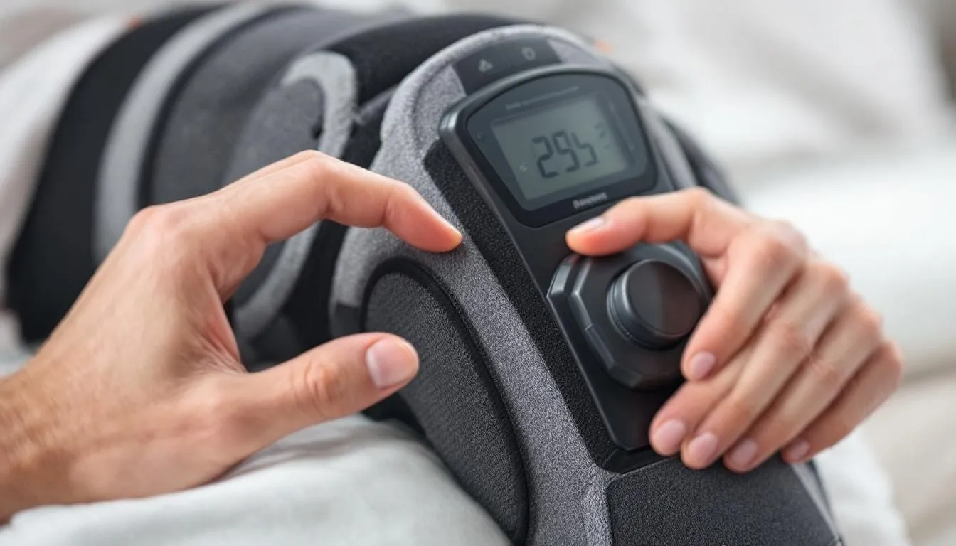 A close-up view shows a person adjusting the temperature settings on a heated knee brace, designed to provide pain relief for knee pain and muscle discomfort. The device features soft, adjustable straps for a comfortable fit, promoting relaxation and support for the knees.