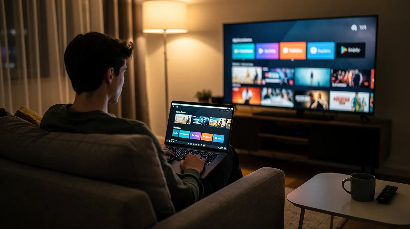 Una persona está sentada en un sofá, comparando opciones de streaming en una laptop, mientras un smart TV está encendido frente a ella. La escena muestra un ambiente cómodo y moderno, ideal para disfrutar de servicios de IPTV y contenido bajo demanda.