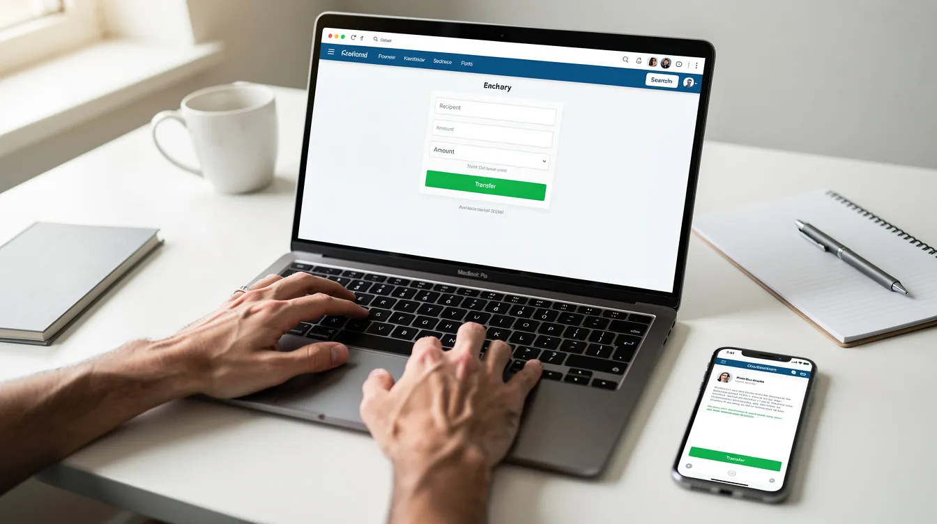 A person's hands are seen typing on a laptop at a desk, engaged in an online money transfer process, likely to send money to a GCash account in the Philippines. The scene reflects the ease of using digital wallets and mobile money accounts for secure transactions.