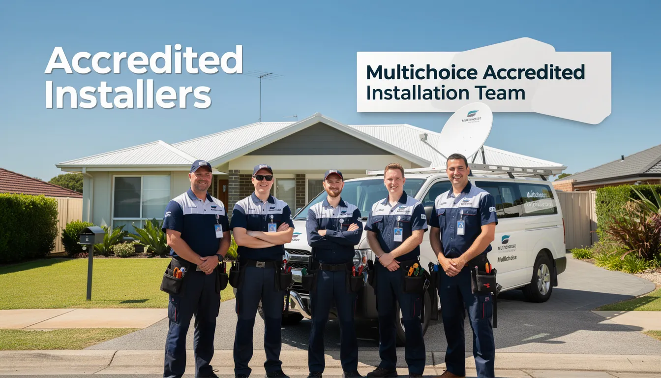 The image features a professional team of accredited installers from Multichoice, showcasing their expertise in providing DSTV installation services. They are equipped to handle various needs, including DSTV decoder installation, signal calibration, and maintenance solutions in Gansbaai, ensuring customer satisfaction with efficient service.