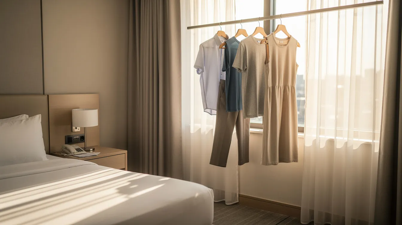 A hotel room features several pieces of clothing hanging on hangers from a curtain rod, positioned near a sunlit window, suggesting a convenient space for guests to air out their laundry after washing clothes. The warm light highlights the cleanliness of the fabric, enhancing the inviting atmosphere of the room.