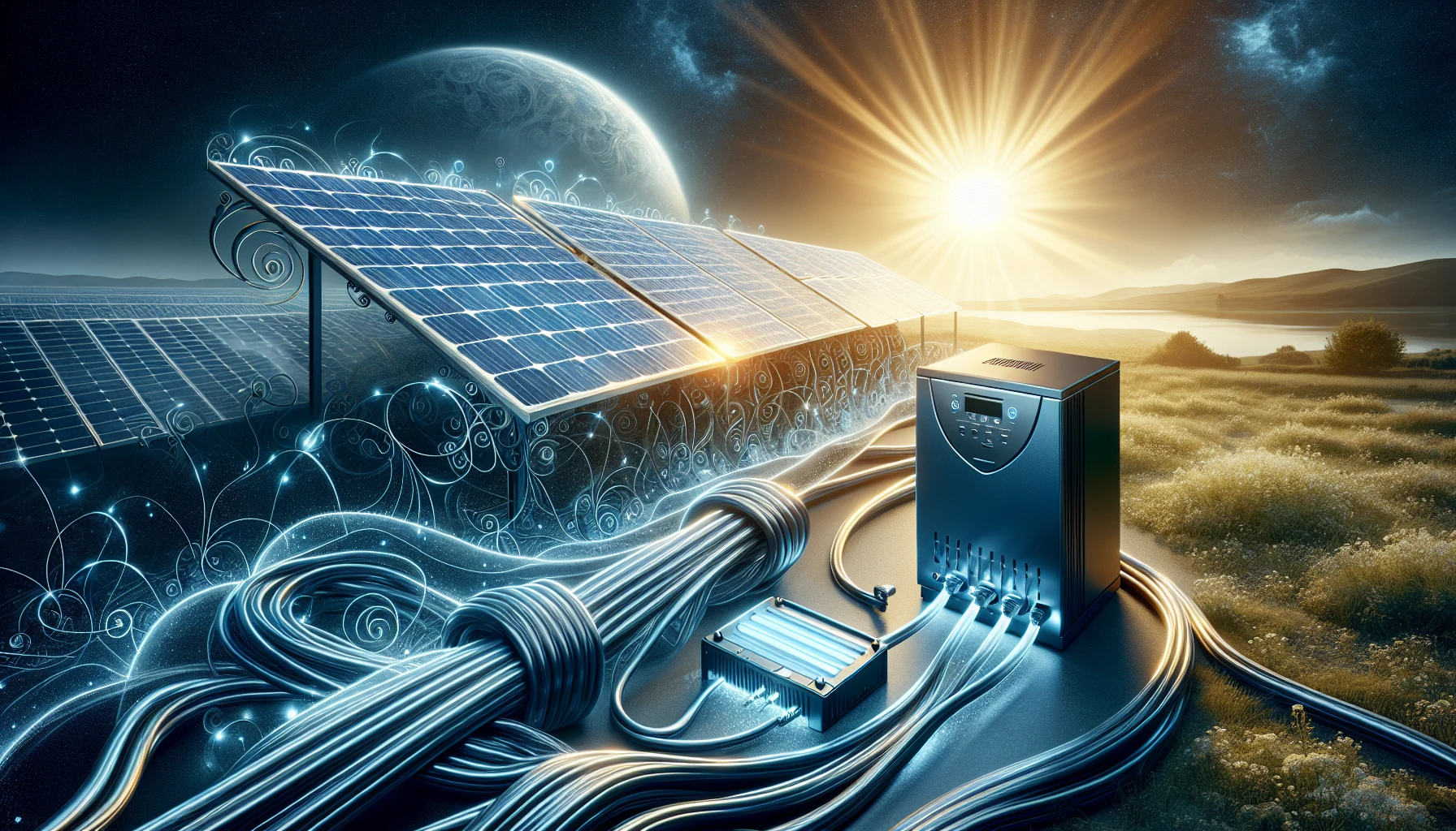 An illustration of an inverter charger unit with connected solar panels and a battery bank