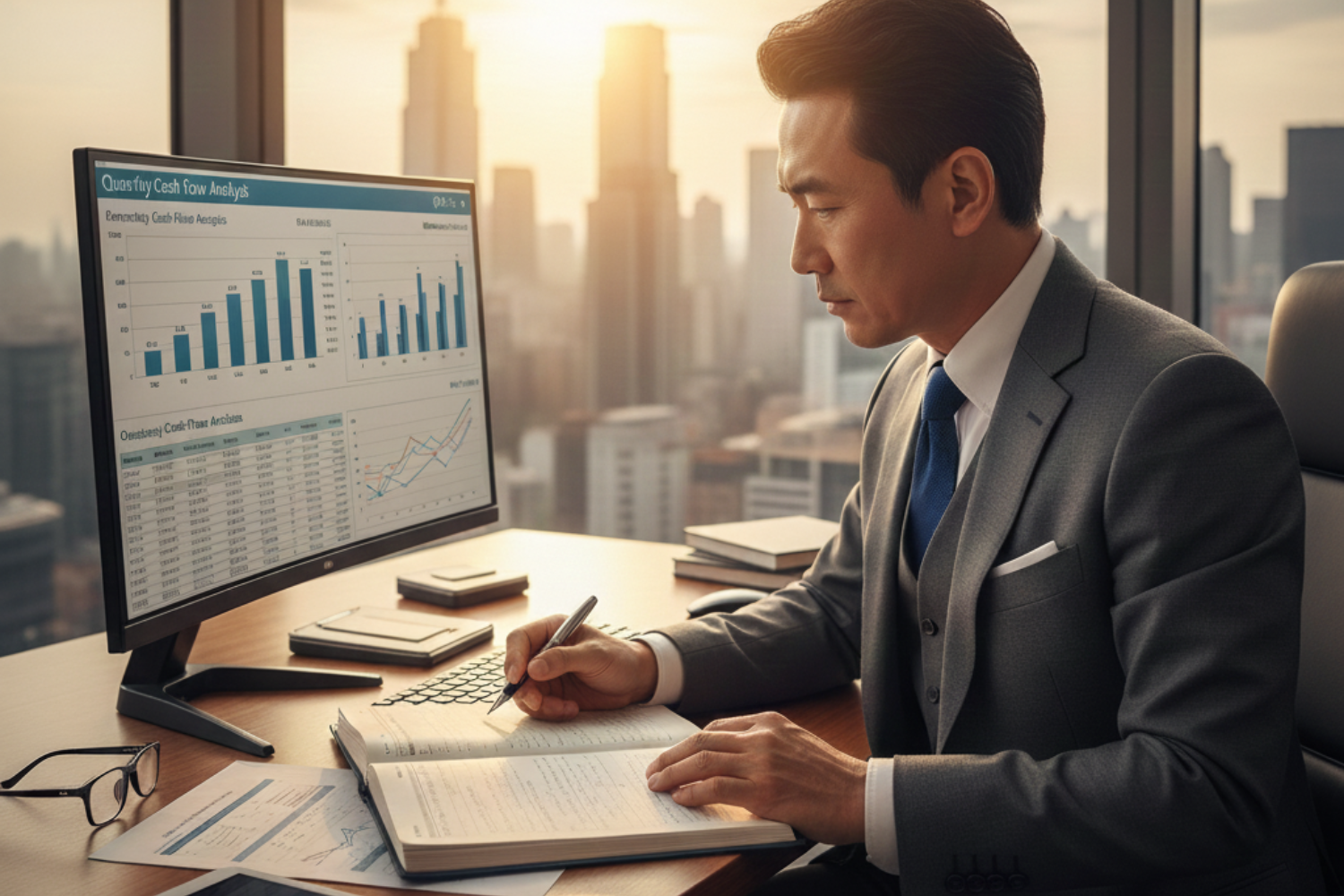 Business owner seated at a desk, reviewing financial graphs and performance charts on a computer screen, showing how to valuate a small business.