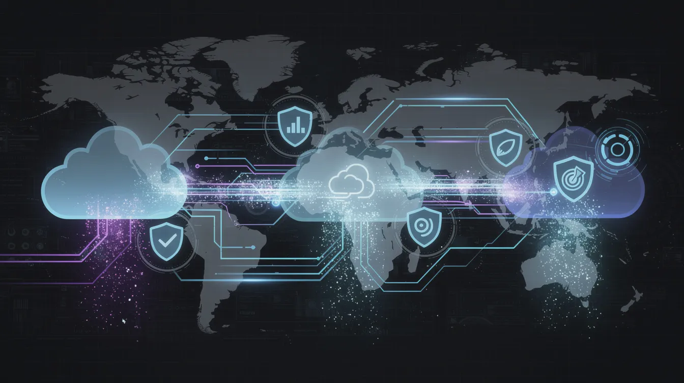 The image depicts a digital illustration of multiple cloud service providers interconnected through a cyber network map, featuring security shields and monitoring nodes that safeguard data flowing between the clouds. The dark grid background with glowing blue lines emphasizes the importance of robust cloud security solutions in protecting sensitive data across various cloud environments.