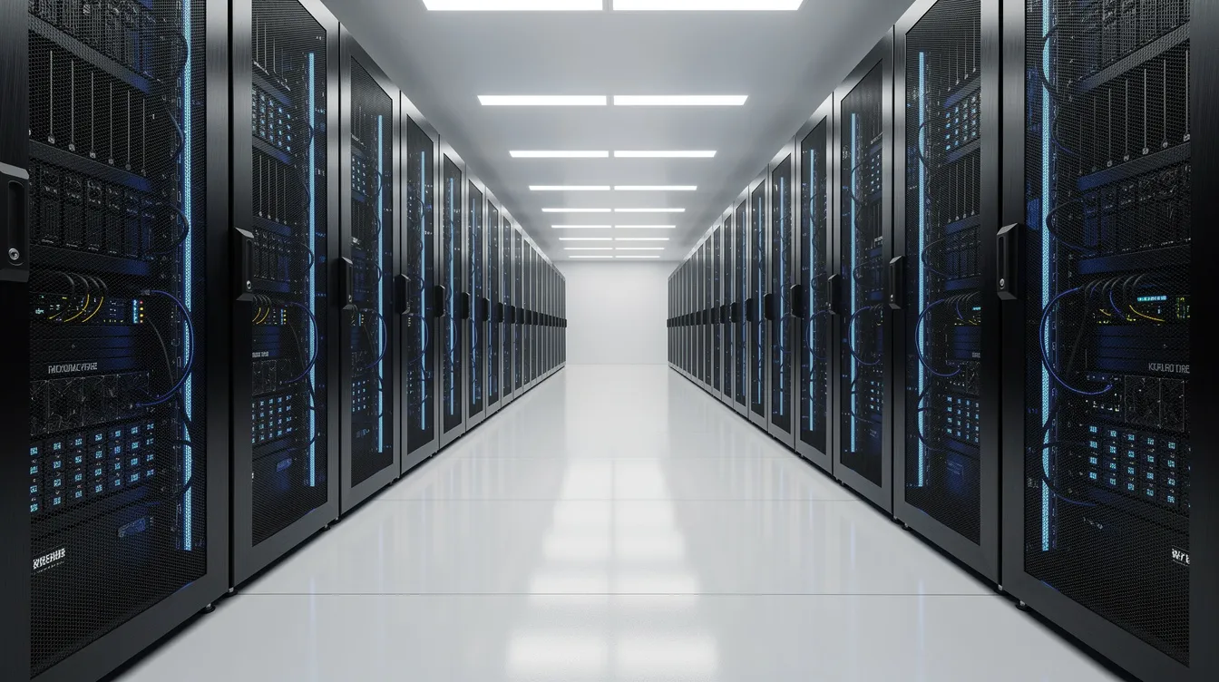 The image depicts rows of modern GPU server racks in a brightly lit data center, with blue LED indicators illuminating the environment. This setting reflects the technological backbone of the financial services industry, where artificial intelligence and machine learning techniques are employed to enhance performance metrics and drive economic growth.