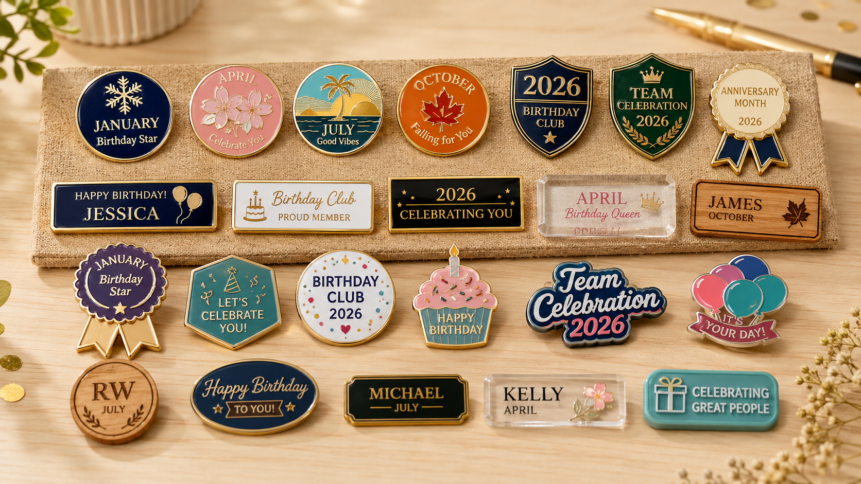 Birthday month pins and badges organized by month, color, recipient name, and celebration theme