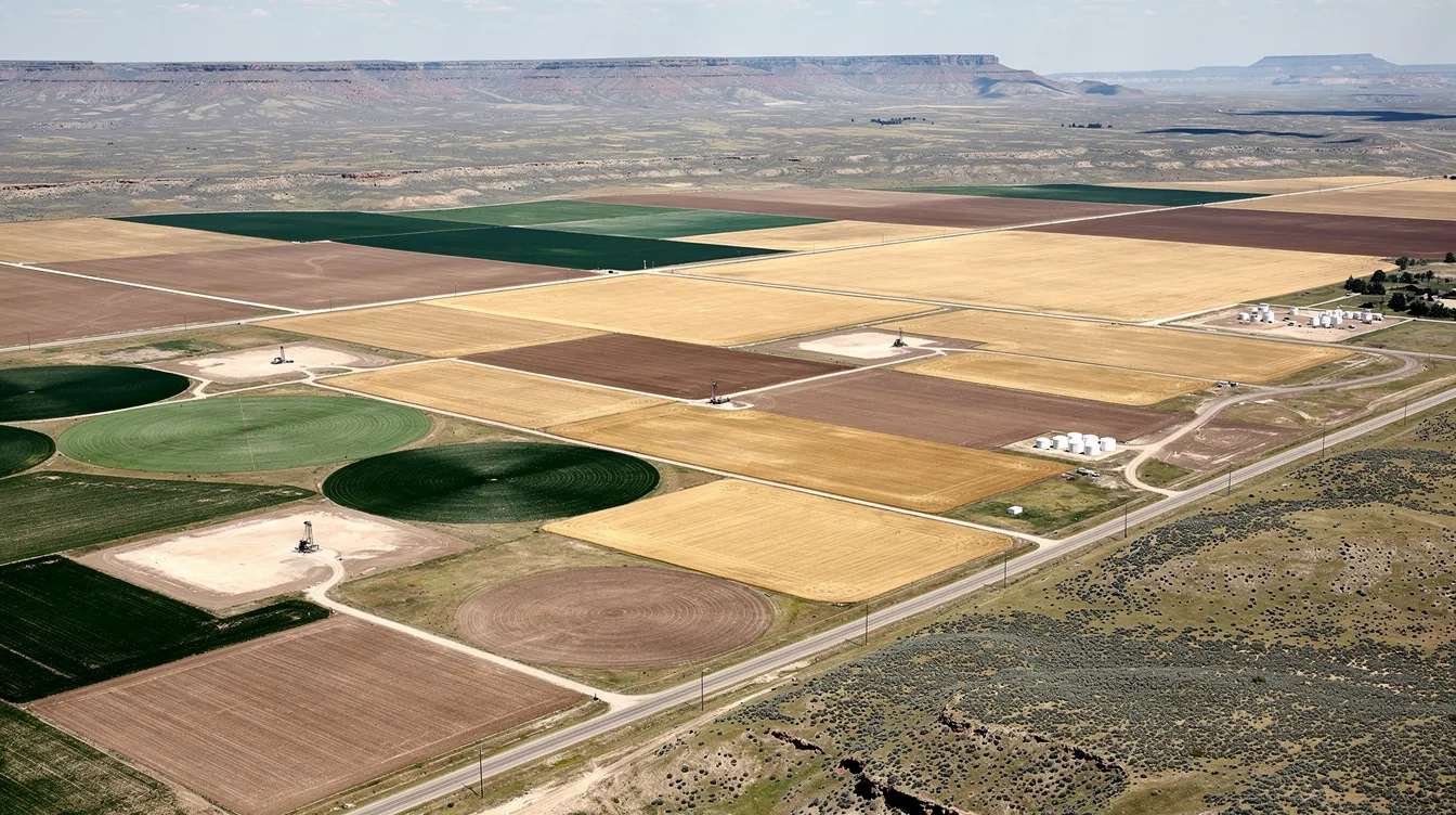 An aerial view captures the contrast between lush mixed agricultural fields and industrial drilling pads in a western landscape, highlighting the intersection of farming and the oil and gas industry. This image reflects the complex relationship between mineral rights, land use, and natural resources in the region.