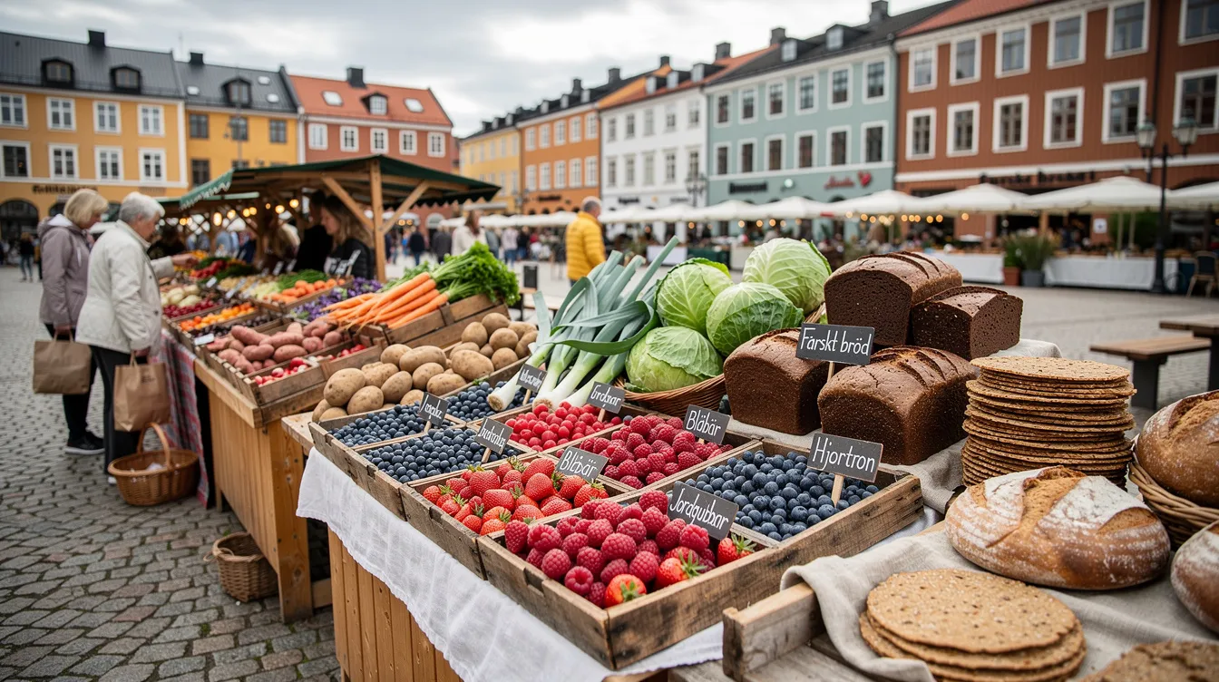 The image shows a vibrant Swedish outdoor market featuring wooden stalls filled with fresh produce, colorful berries, and artisanal bread, reflecting the local food culture. This setting is typical in city centres of Sweden, where living costs and prices for fresh ingredients can vary significantly.