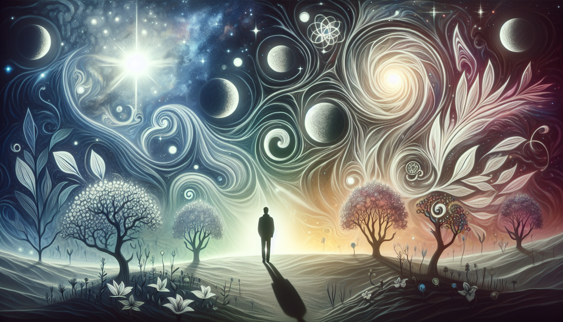 Illustration of a person standing in a world filled with various symbols and elements representing life and spirituality