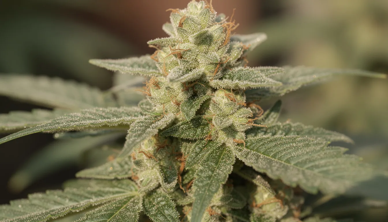 Die Nahaufnahme zeigt eine Cannabispflanze mit üppigen, kristallinen Trichomen auf den Blüten, die den hohen Gehalt an THC und anderen Cannabinoiden verdeutlichen. Die glänzenden Drüsenhaare reflektieren das Licht und betonen die Qualität der Cannabisblüten.