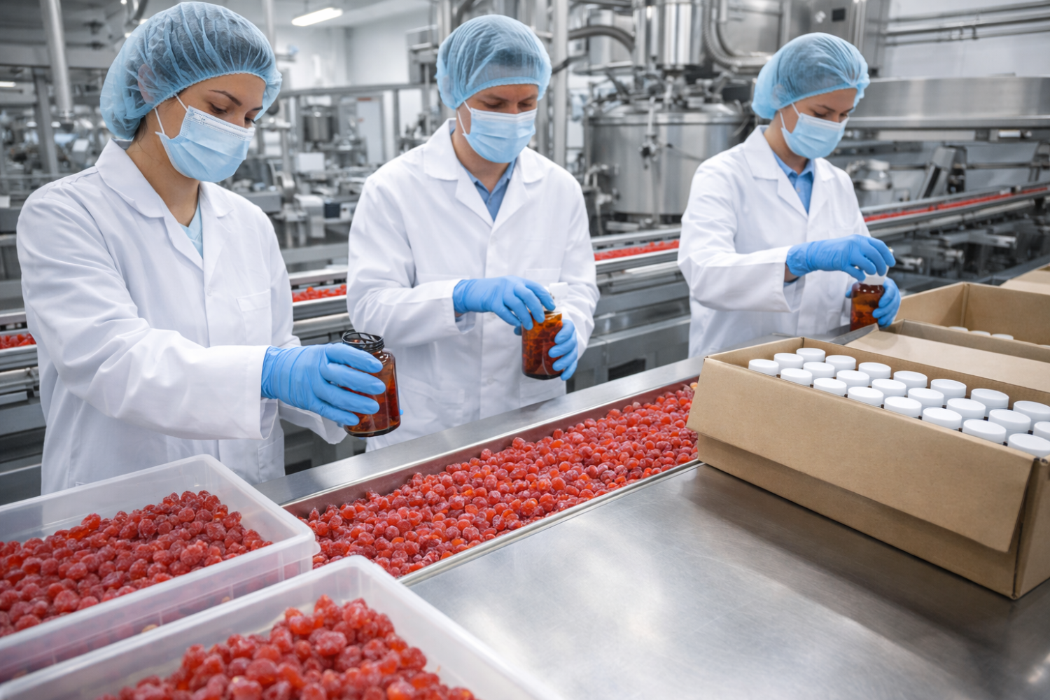 Workers in sterile gowns, hairnets, masks, and gloves handle amber bottles on a conveyor belt alongside bins of red candies and boxes of white-capped bottles in a food processing facility.