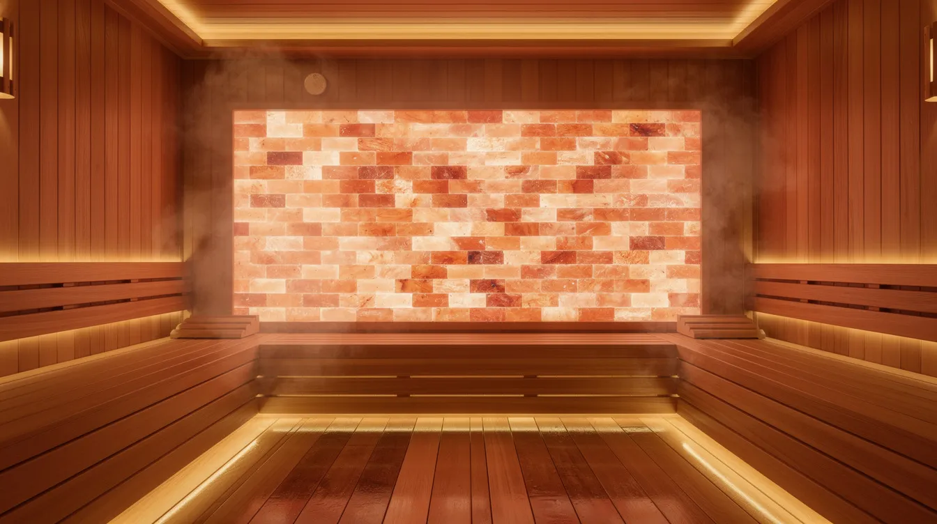 Backlit pink Himalayan salt wall inside a wood sauna