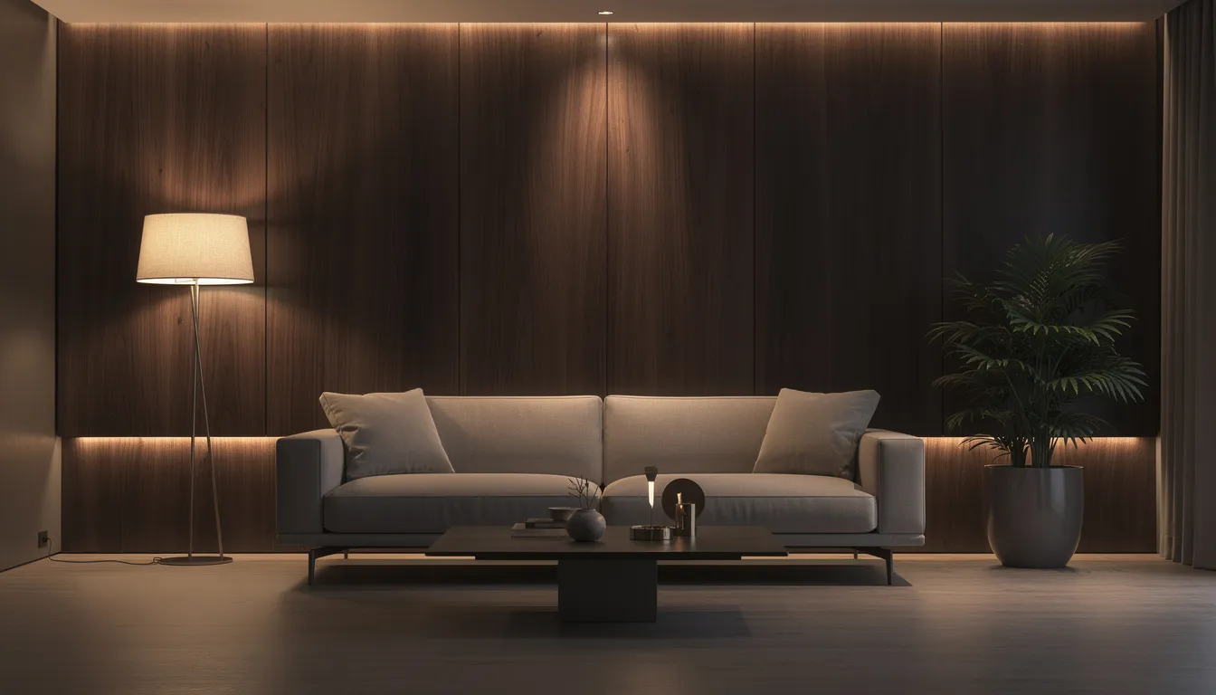 Een moderne woonkamer met donkere houten wandpanelen die een warme sfeer creëren achter een stijlvolle designbank, verlicht door sfeervolle verlichting. De combinatie van de wandbekleding en het interieur zorgt voor een elegante uitstraling.
