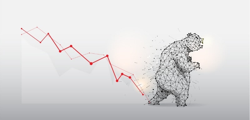 Illustration of a bear walking in front of a downtrending graph. 