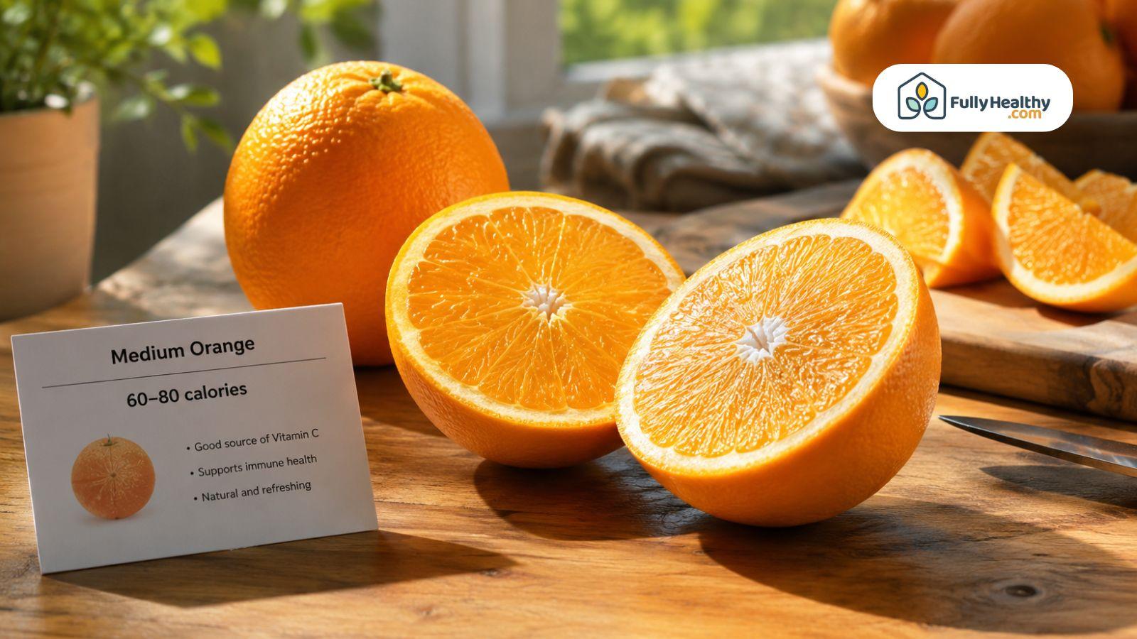 Fresh orange halves with calorie card on rustic wooden kitchen table