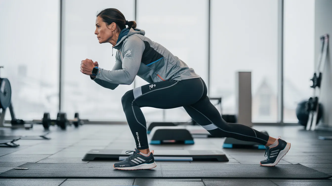 Eine Person führt Ausfallschritte als Teil einer Skigymnastik-Übung durch, um ihre Körperhaltung und Kraft für das Skifahren zu verbessern. Diese Übung hilft dabei, die Technik für das Kurvenfahren und die Balance auf der Piste zu optimieren.