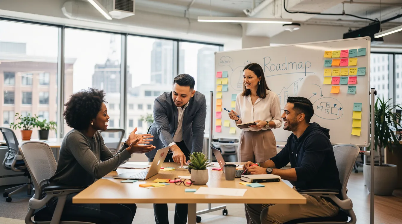 A small, diverse team is energetically collaborating in a bright, modern co-working space, surrounded by laptops and whiteboards, illustrating the dynamic environment of a business entity focused on long-term growth and innovation. The scene captures the essence of teamwork and the critical aspects of corporate law, emphasizing the importance of effective management and collaboration in achieving success.