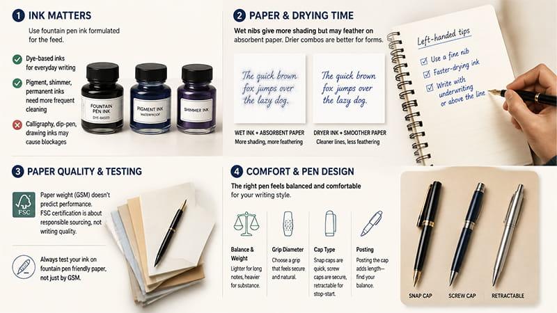 Fountain pen ink, paper, comfort, and drying time guide showing how ink choice, paper quality, and pen design affect writing performance