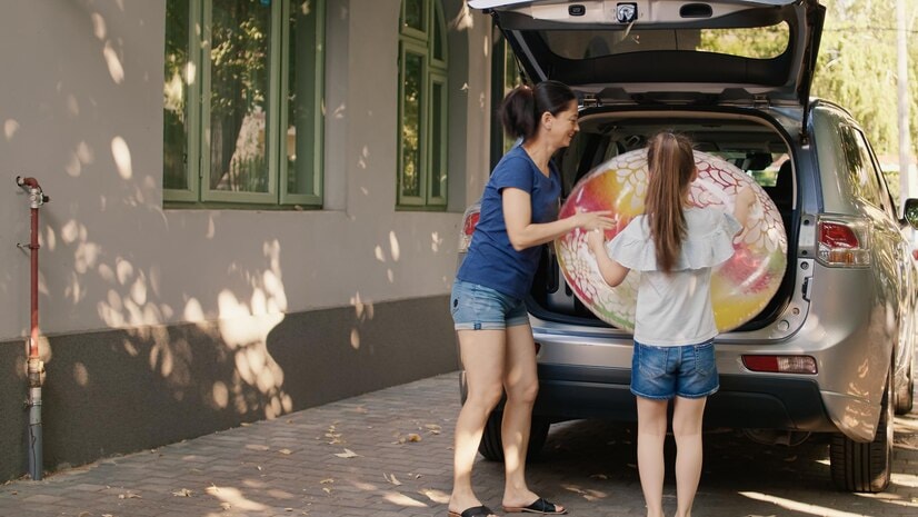 family heading for an outing