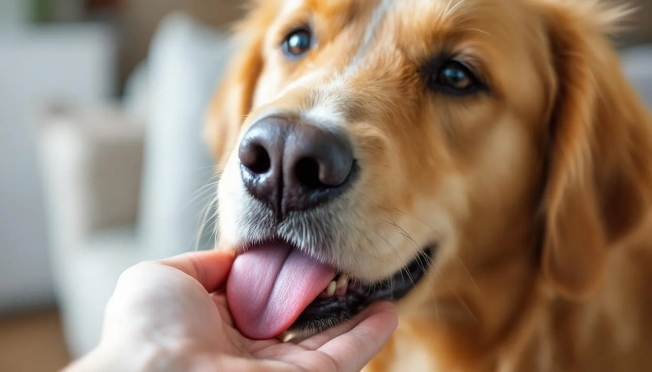 A golden retriever is gently licking their owner