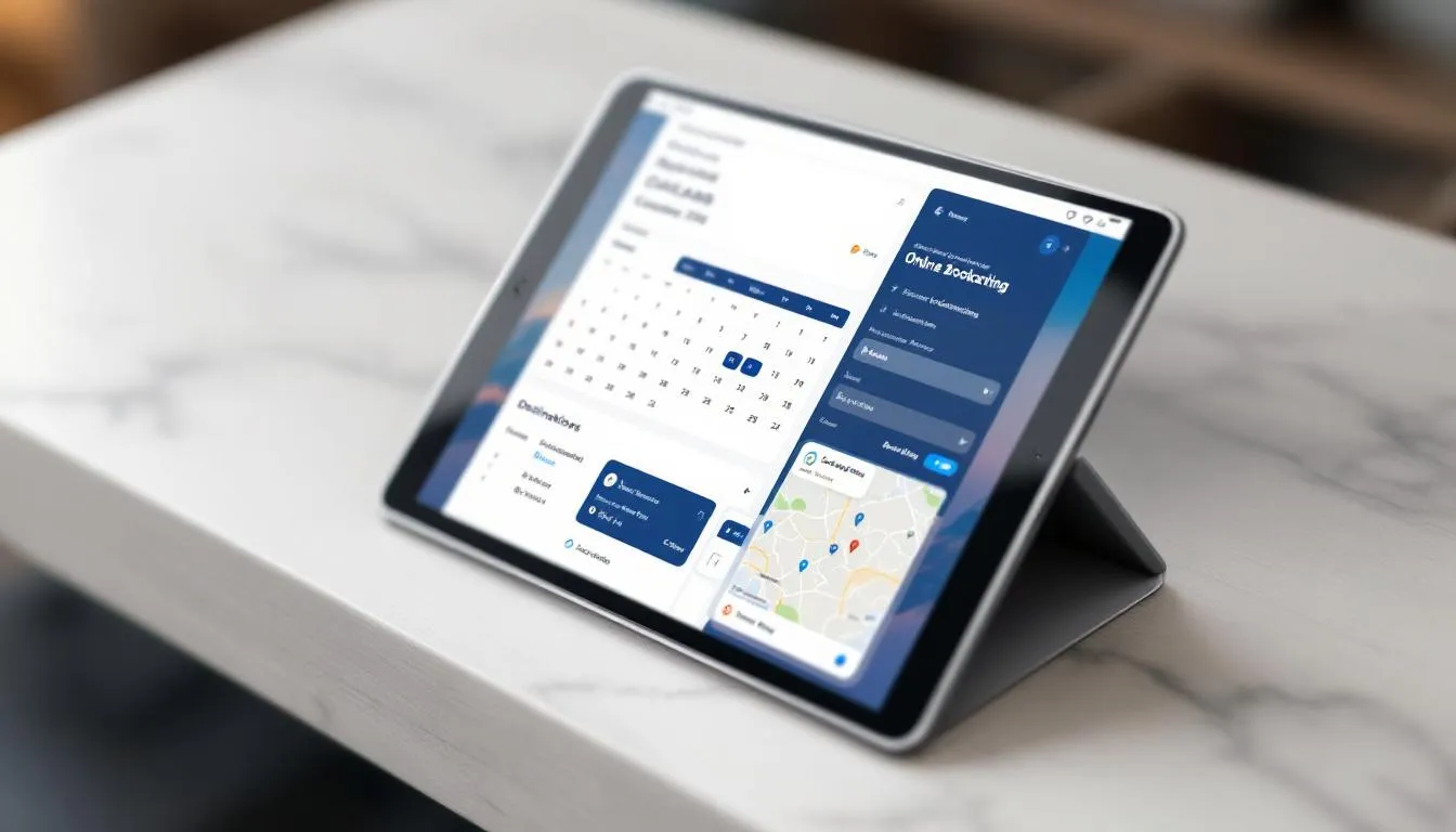 La imagen muestra una interfaz de reservas online en una tablet, diseñada para facilitar a los clientes la programación de citas en un salón de belleza. La pantalla presenta un diseño amigable que permite seleccionar servicios como cortes de cabello y tratamientos de maquillaje, mejorando la experiencia del usuario en la página web del salón.
