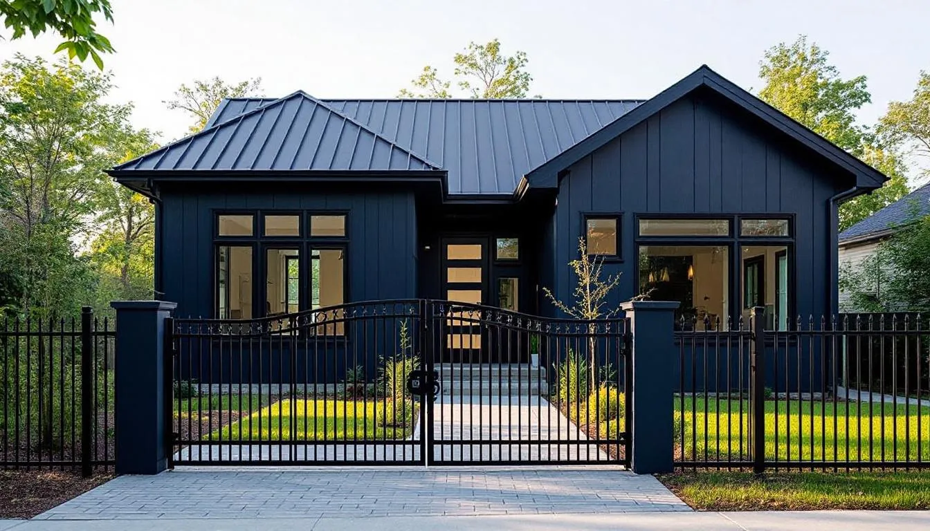 The image features a navy blue house with a welcoming driveway and a decorative gate at the front, replacing the river that previously flowed nearby. This property, located in Golden Gate Estates, Naples, is designed to offer a private retreat with an open floor plan and ample natural light, perfect for prospective properties consumers.