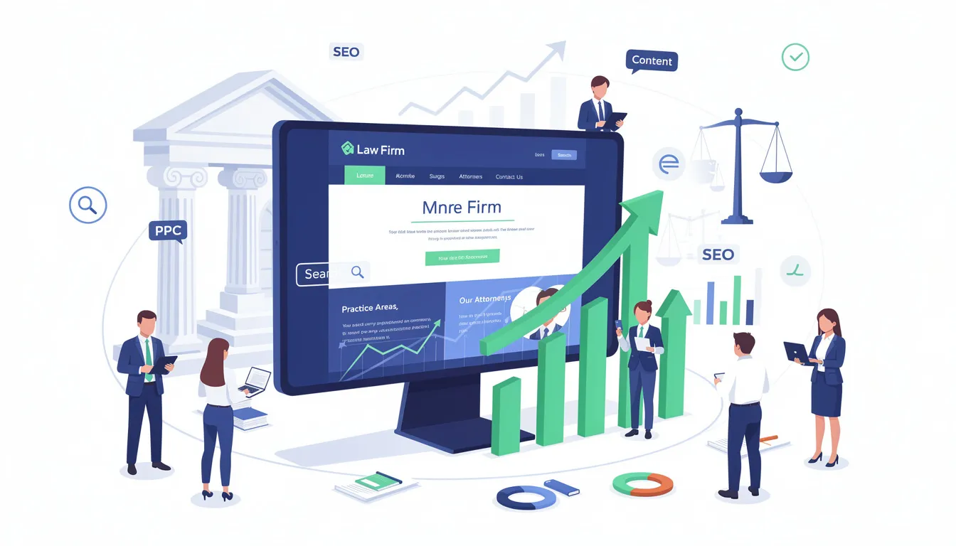 The image illustrates a digital marketing strategy for law firms, highlighting the importance of search engine optimization (SEO) to improve search engine rankings and increase organic traffic to a law firm's website. It features elements related to keyword research, technical SEO, and local SEO, emphasizing the need for a solid SEO strategy to enhance online visibility and attract potential clients.