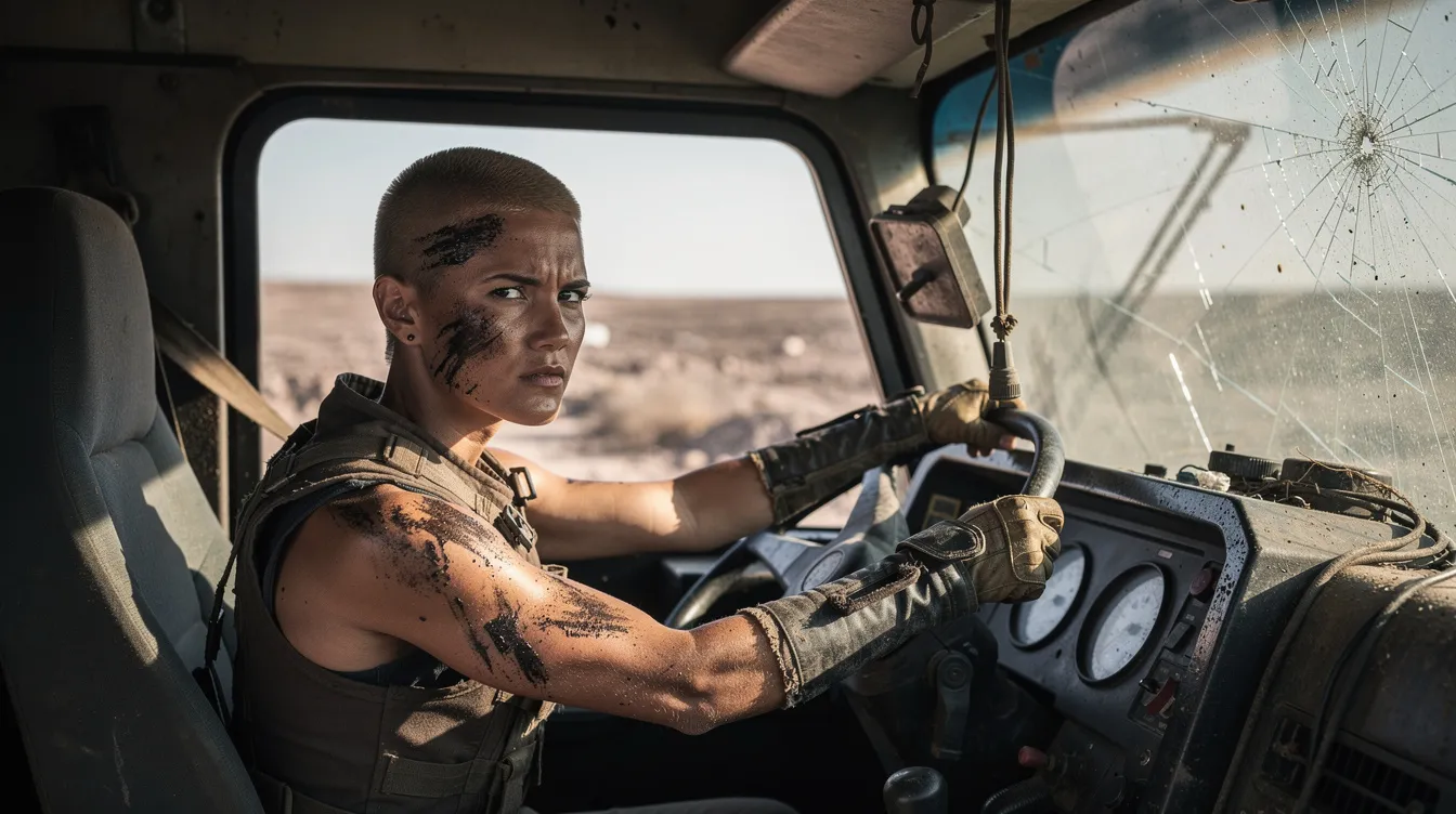 Eine Kriegerin mit kurzgeschorenem Haar und Ölverschmierungen im Gesicht sitzt entschlossen am Steuer eines massiven Trucks, während sie mit einem Blick nach vorn in die endlose Wüste fährt, die an die actionreiche Welt von "Mad Max: Fury Road" erinnert. Die Szene strahlt Stärke und Entschlossenheit aus, typisch für die Rolle der Imperator Furiosa im Film.