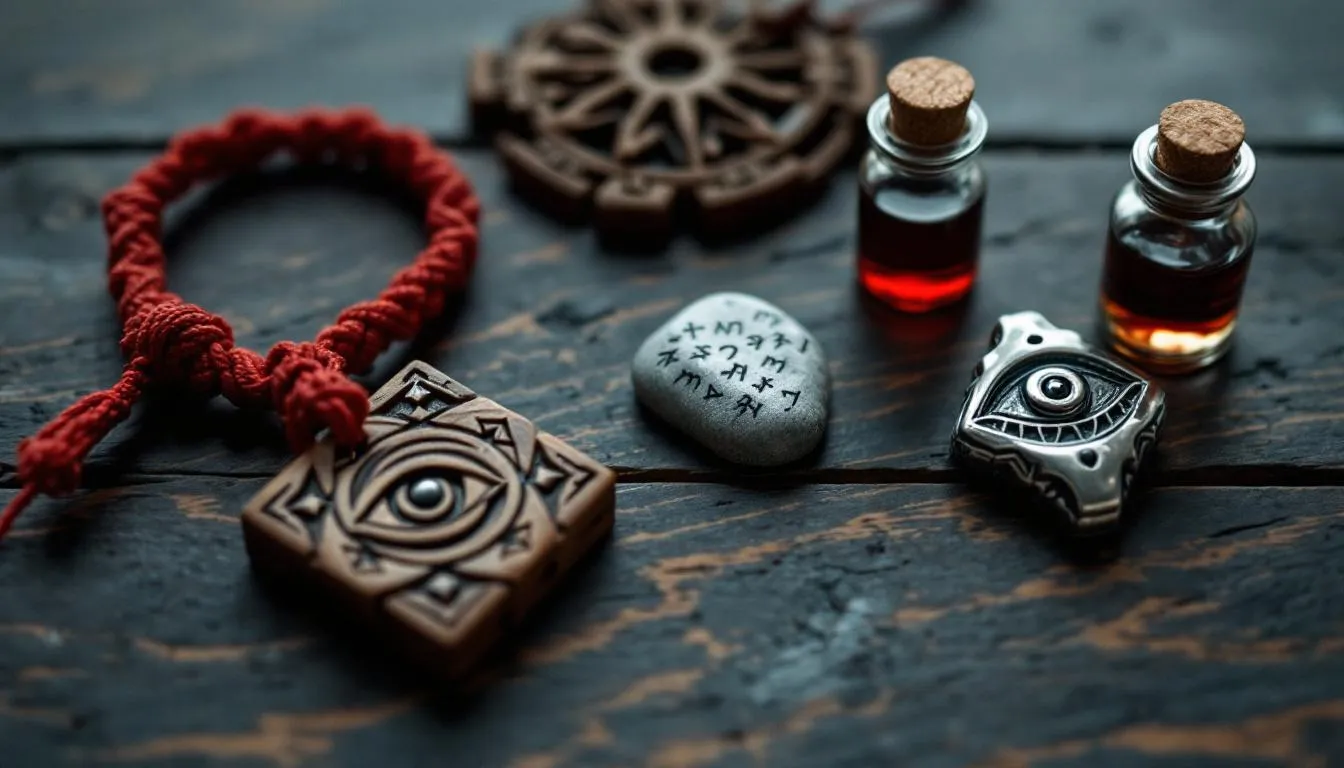 The image features various protective talismans, including charms and wall hangings, designed to ward off the evil eye and negative energies. These symbols, often depicted with blue or green eye motifs, reflect the ancient belief in the evil gaze's ability to bring bad luck and are rooted in many cultures, including those of the Middle East and Latin America.