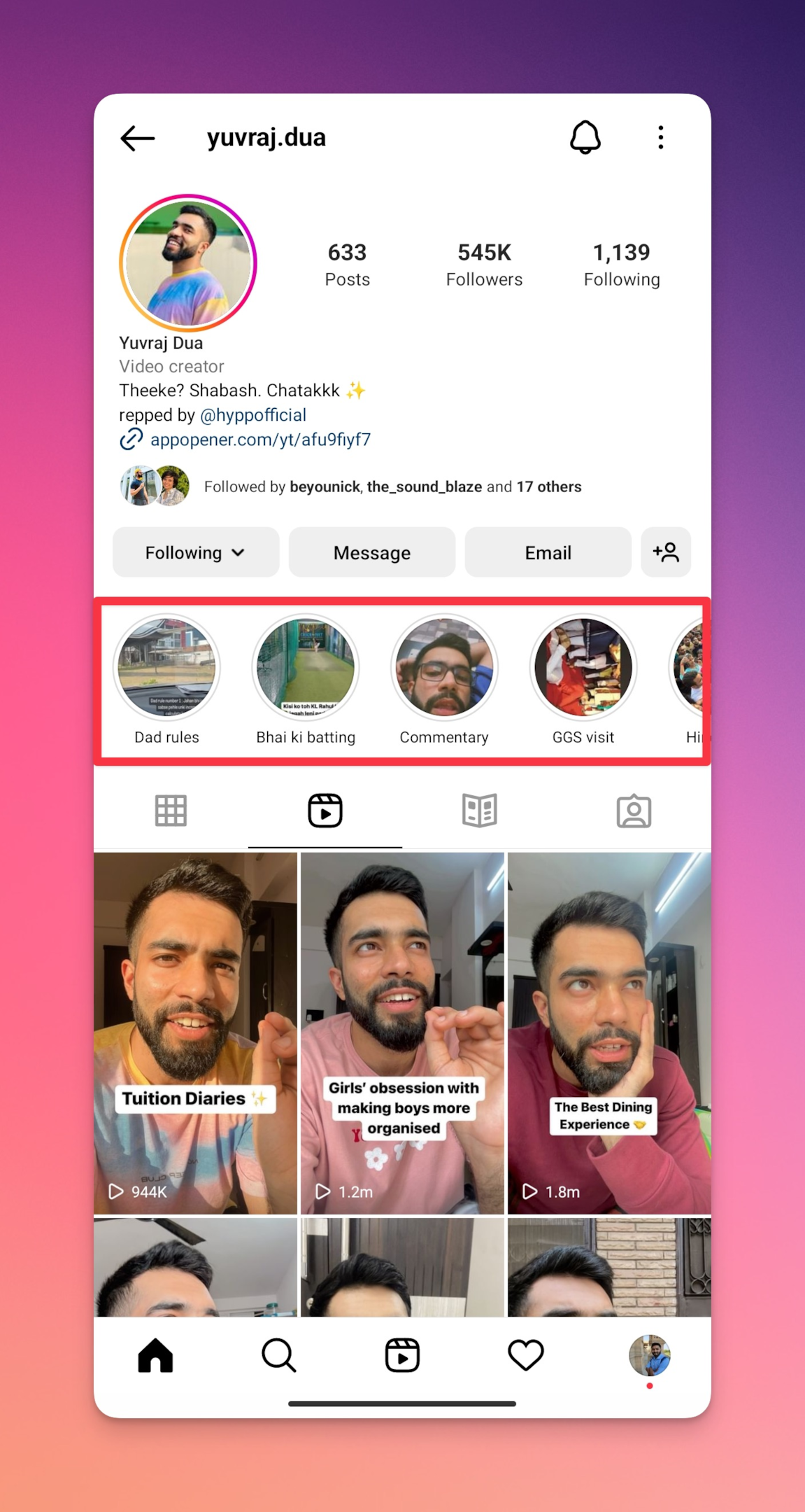 Remote.tools showing the highlights feature on a Instagram profile