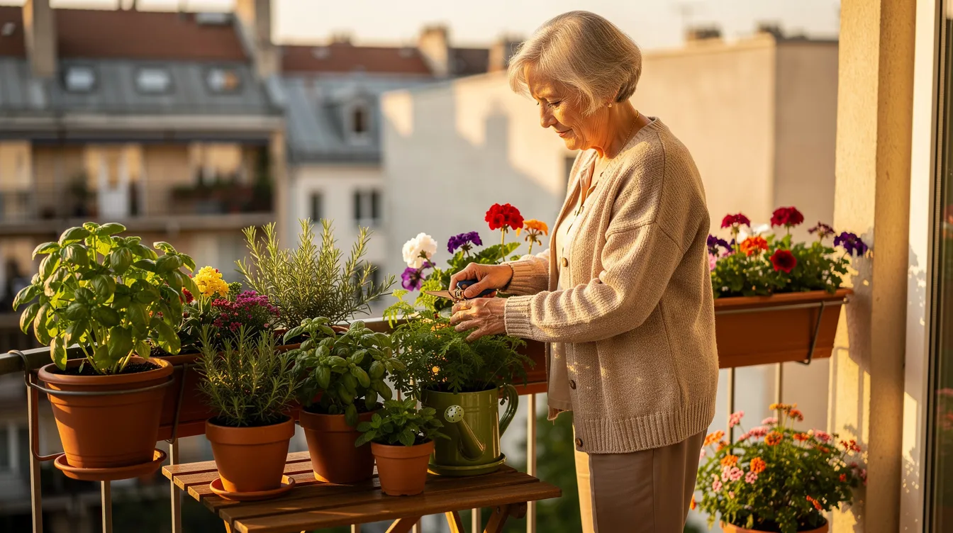An older woman is happily tending to her potted herbs and colorful flowers on a sunny balcony, enjoying a moment of relaxation and connection with nature. This engaging activity not only promotes her well-being but also provides an opportunity for creative crafts and social interaction with friends and loved ones.