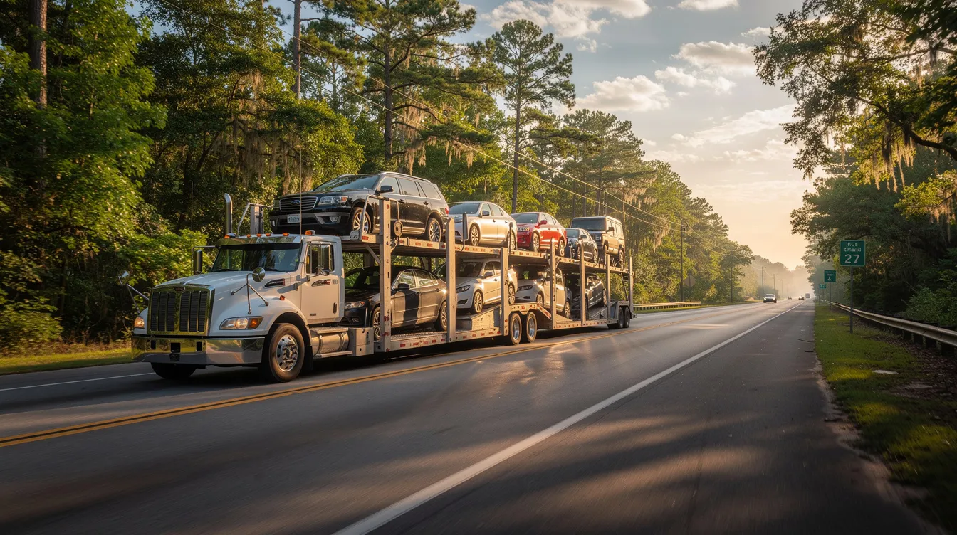 A car carrier truck is driving along a scenic, tree-lined highway in Mississippi, showcasing the state's natural beauty. This image represents the reliable auto transport services available for those looking to ship a car in Mississippi, highlighting the importance of efficient vehicle transport on popular routes.