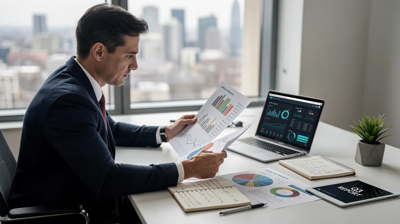 An entrepreneur is seated at a desk, intently reviewing a project report that features various financial charts and graphs. This scene highlights the importance of financial documents required for a business loan, such as bank statements and income proof, essential for accessing funding through schemes like the Mudra Yojana.