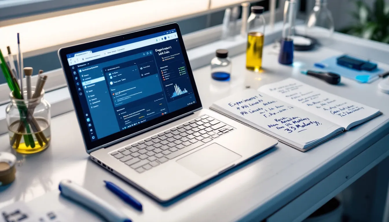 An image showcasing the features of electronic lab notebooks (ELNs) highlights their role in scientific research and data management, illustrating how they replace traditional paper lab notebooks. The visual emphasizes benefits such as data security, collaboration, and streamlined record keeping, essential for modern science and research processes.