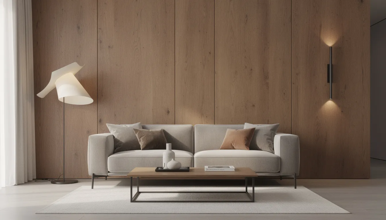 Een stijlvol ingericht interieur met houten wandpanelen die de ruimte een warme uitstraling geven, vergezeld van een bijpassende bank en moderne designverlichting. De akoestische wandpanelen dragen bij aan de geluidsisolatie en creëren een functionele, maar ook esthetische oplossing voor elk huis.