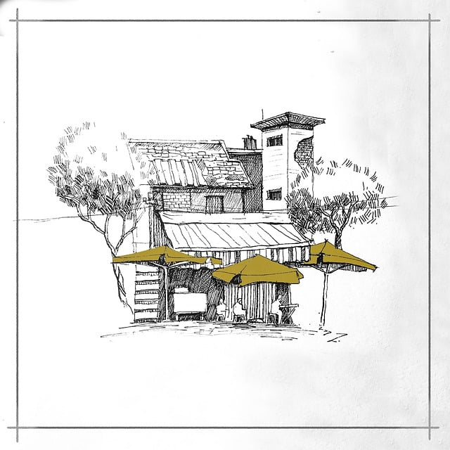 house, trees, sketch original artwork