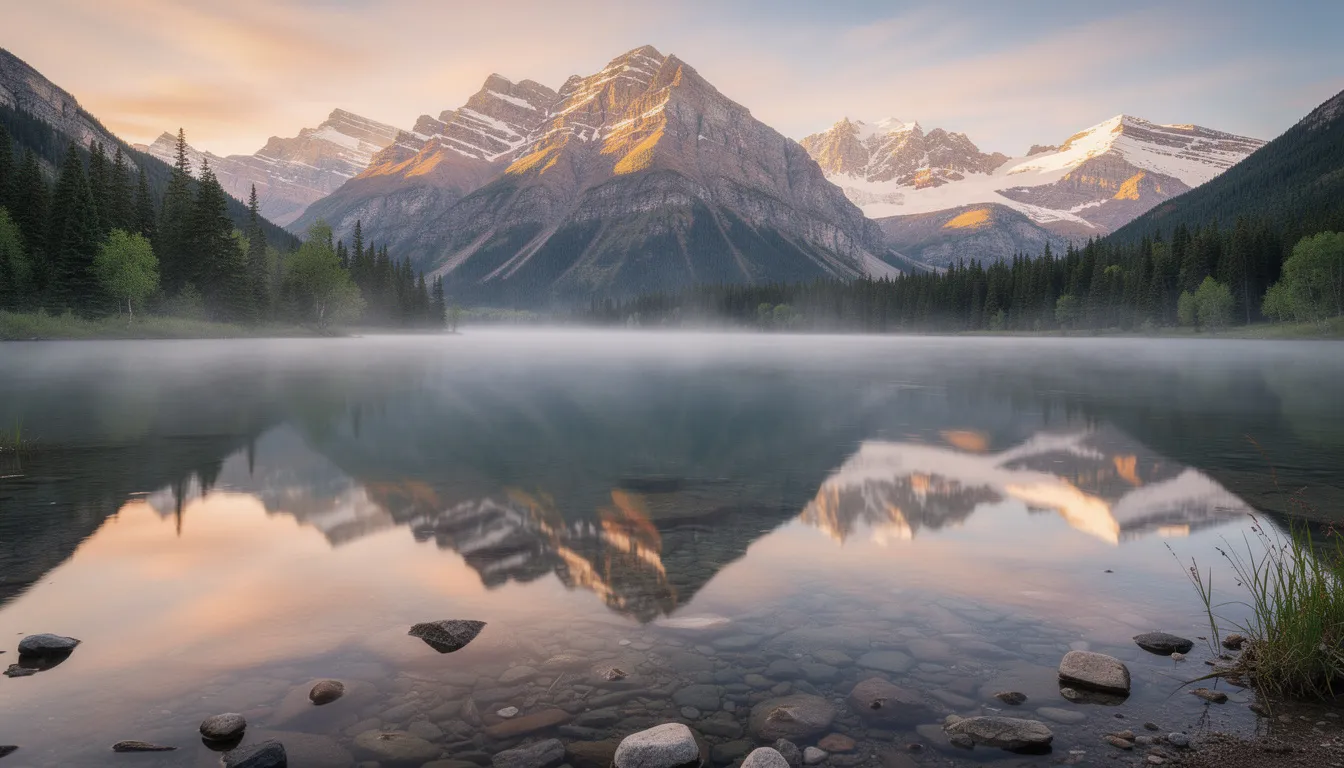Un lago de montaña sereno refleja majestuosas cumbres nevadas durante la hora dorada, creando una escena tranquila que captura la belleza del mundo natural. Esta obra encarna armonía y paz, siendo una adición perfecta para cualquier colección de pósters de naturaleza en tu hogar u oficina.