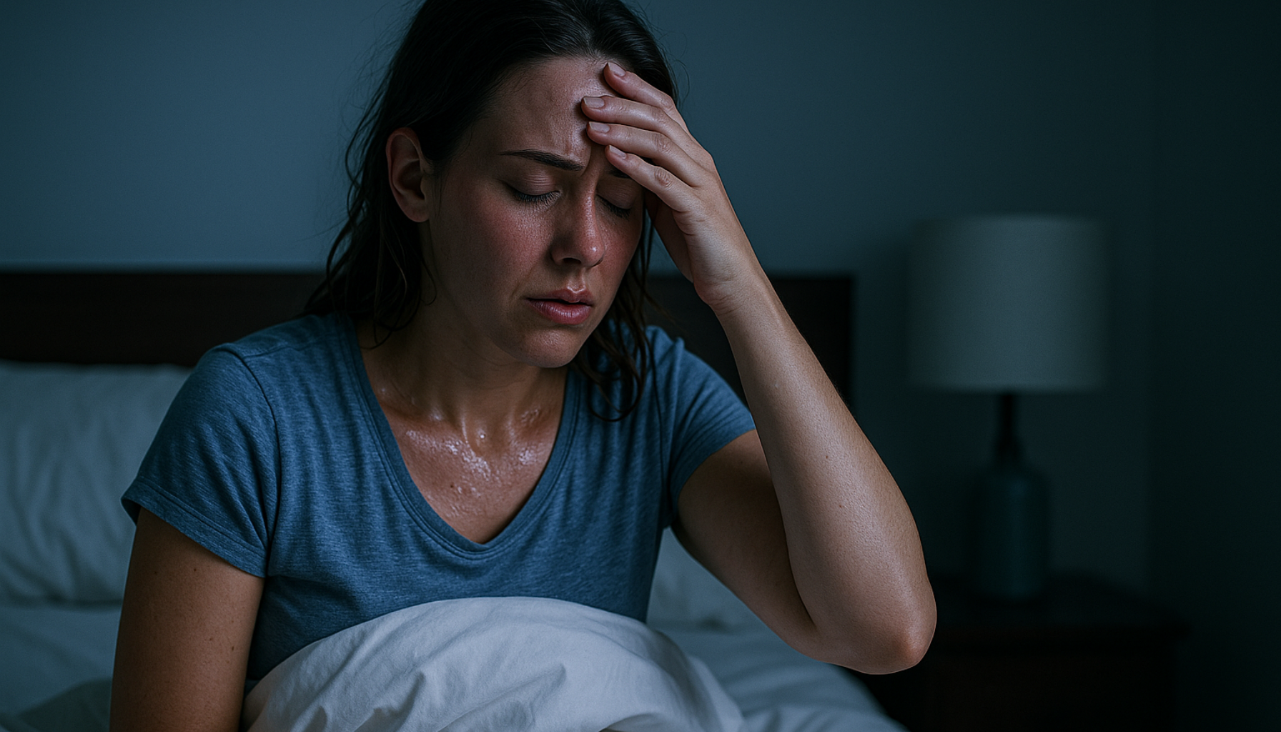 Kvinne med svett panne sitter oppreist i seng og holder seg til hodet, tydelig preget av nattlige svettetokter.
