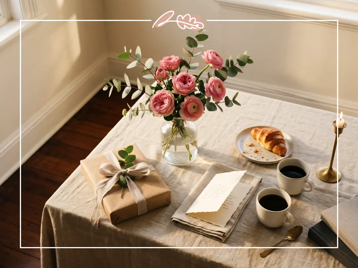 Husband birthday breakfast tablescape with pink garden roses wrapped gift handwritten card and coffee from Fabulous Flowers Cape Town