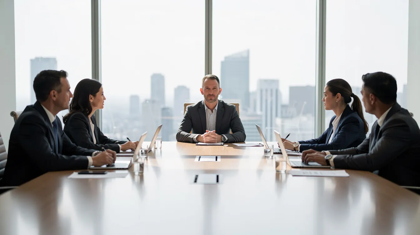 The image shows a professional mediator seated between two parties at a large table in a modern conference room, facilitating a discussion to resolve business disputes related to LLC member disagreements. The setting highlights the importance of alternative dispute resolution in addressing issues such as fiduciary duty claims and management authority among LLC members.