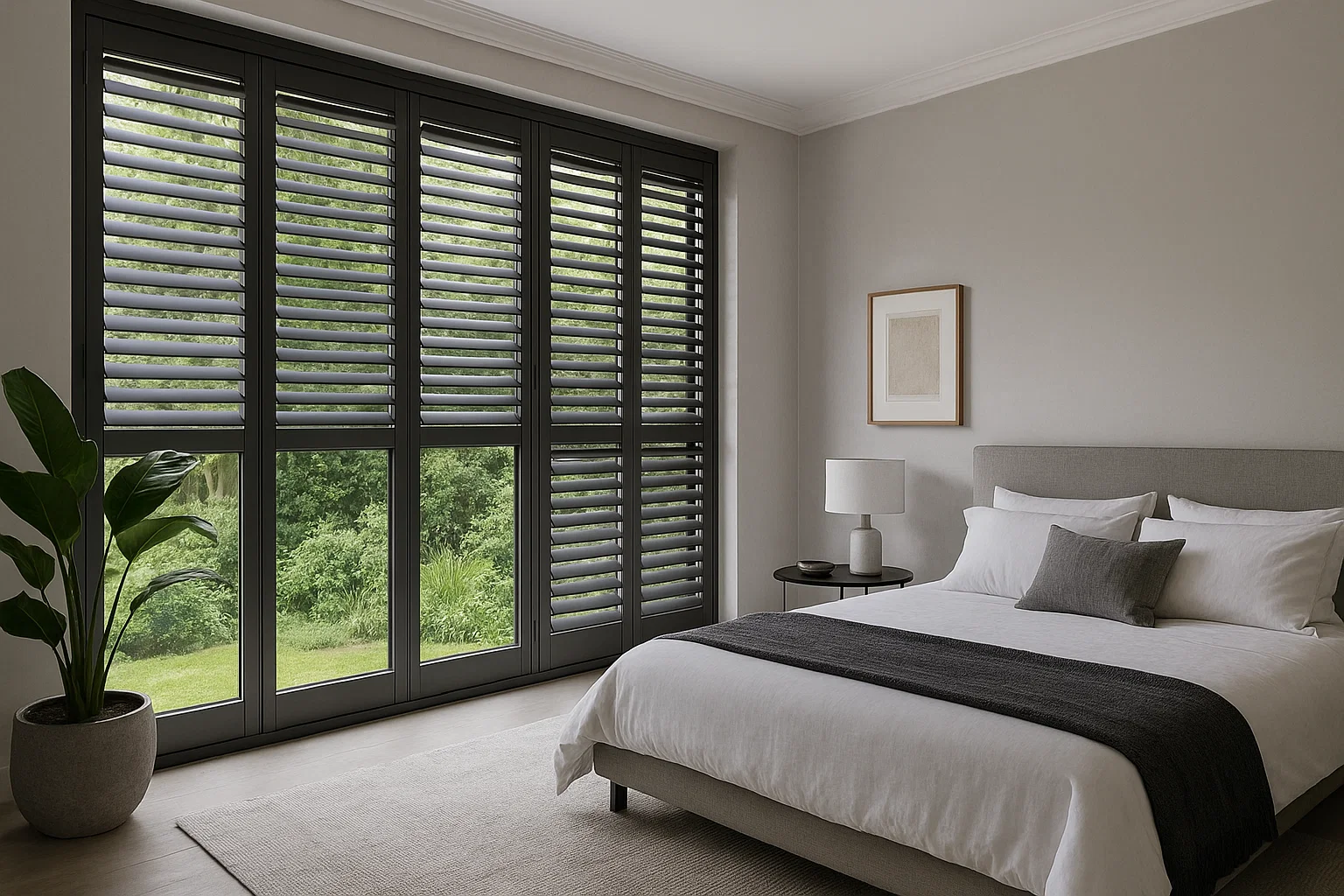Energy efficient shutters helping maintain room temperature in a modern bedroom.