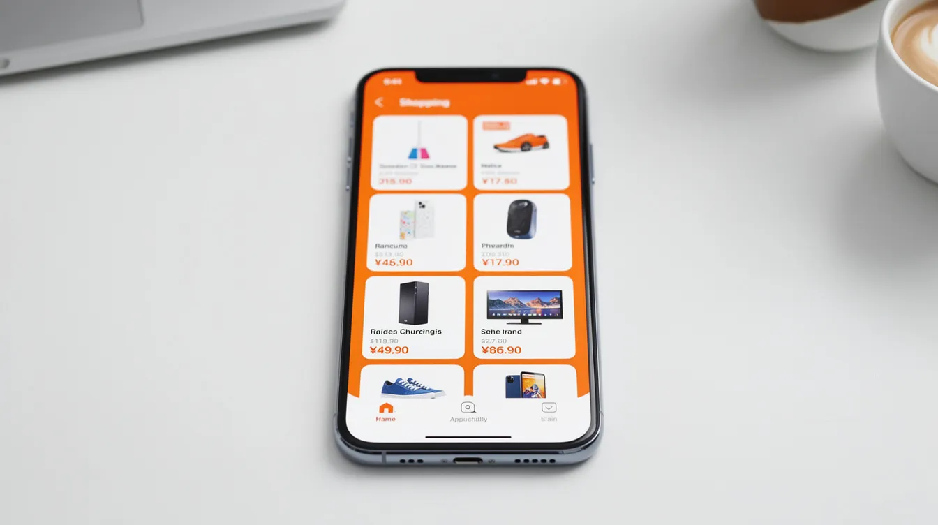 A smartphone screen showcases a vibrant shopping app with an orange interface, featuring a grid of various products including clothing and home decor items. The app emphasizes customer satisfaction with options for secure checkout and incredible deals, inviting users to explore a wide selection of items.