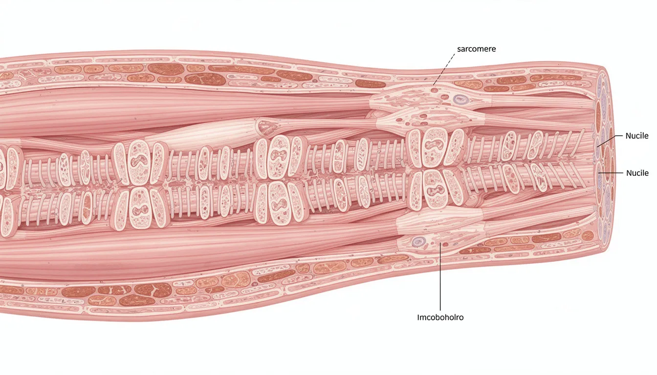The image shows a cross-section view of muscle tissue, highlighting visible mitochondria that play a critical role in energy metabolism and oxidative metabolism. This depiction emphasizes the importance of mitochondrial function in muscle function and exercise capacity, relevant to research on metabolic diseases and conditions like metabolic syndrome.