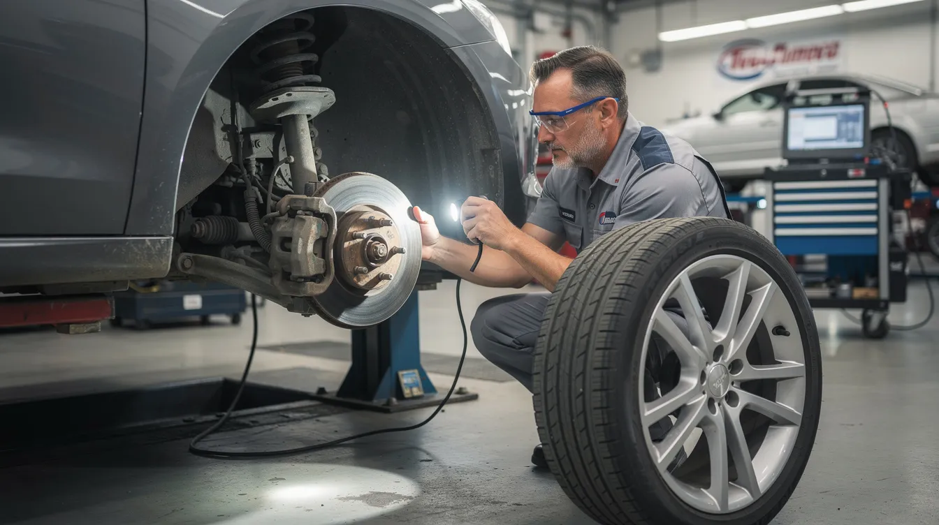Brake Violations During Roadcheck: The image depicts an inspector conducting a thorough brake inspection on a commercial vehicle, focusing on various brake components such as brake shoes and air pressure, ensuring compliance with vehicle maintenance standards to avoid out of service violations. The scene highlights the importance of proper pre trip inspections and the visual assessment of brake systems during roadside inspections.