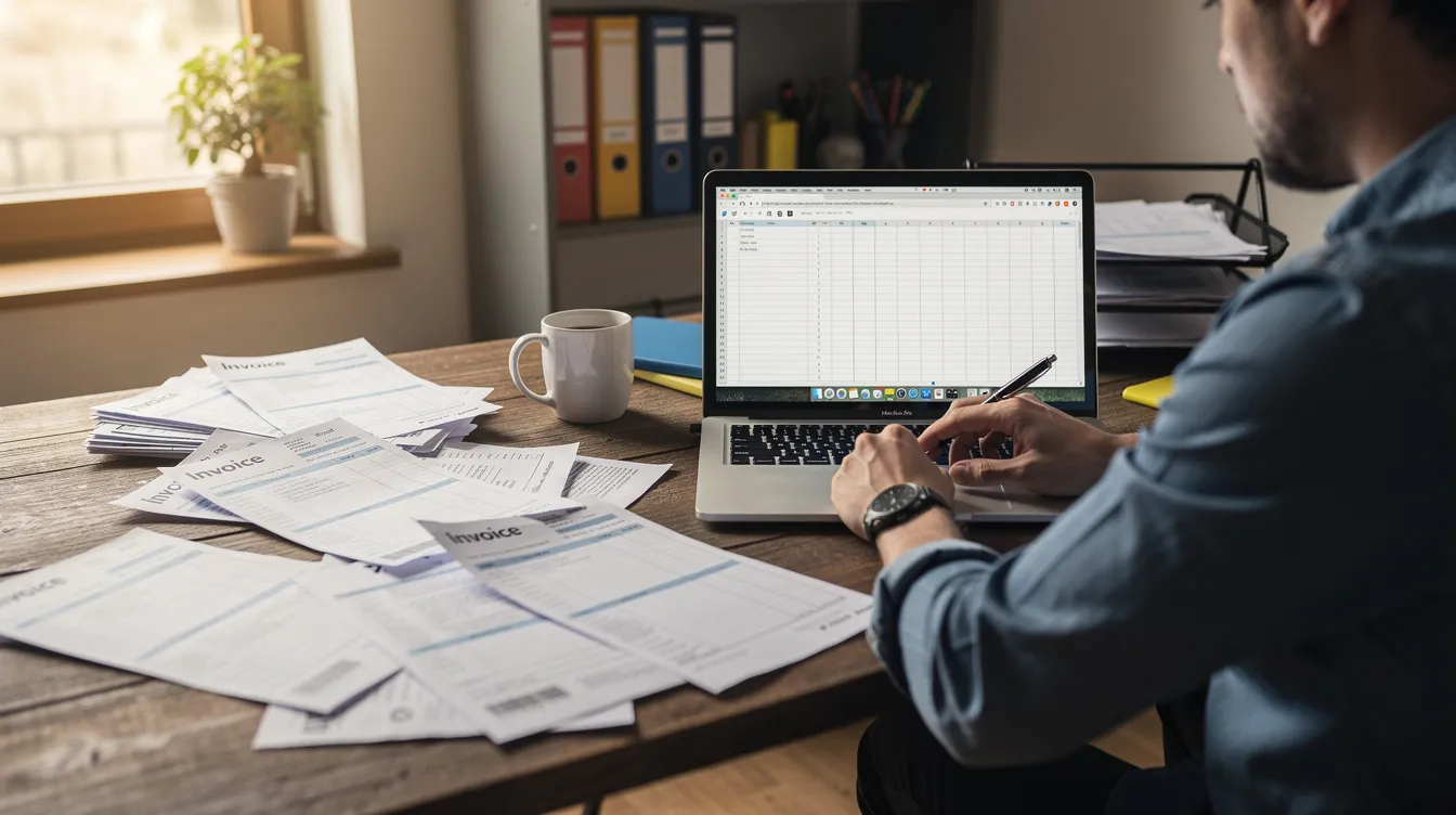 A small business owner is seated at a desk, surrounded by paper invoices and a laptop, which they are using to manage their business's cash flow and tax compliance. The scene reflects the importance of maintaining accurate records for tax returns and automated reconciliation in the GST system.