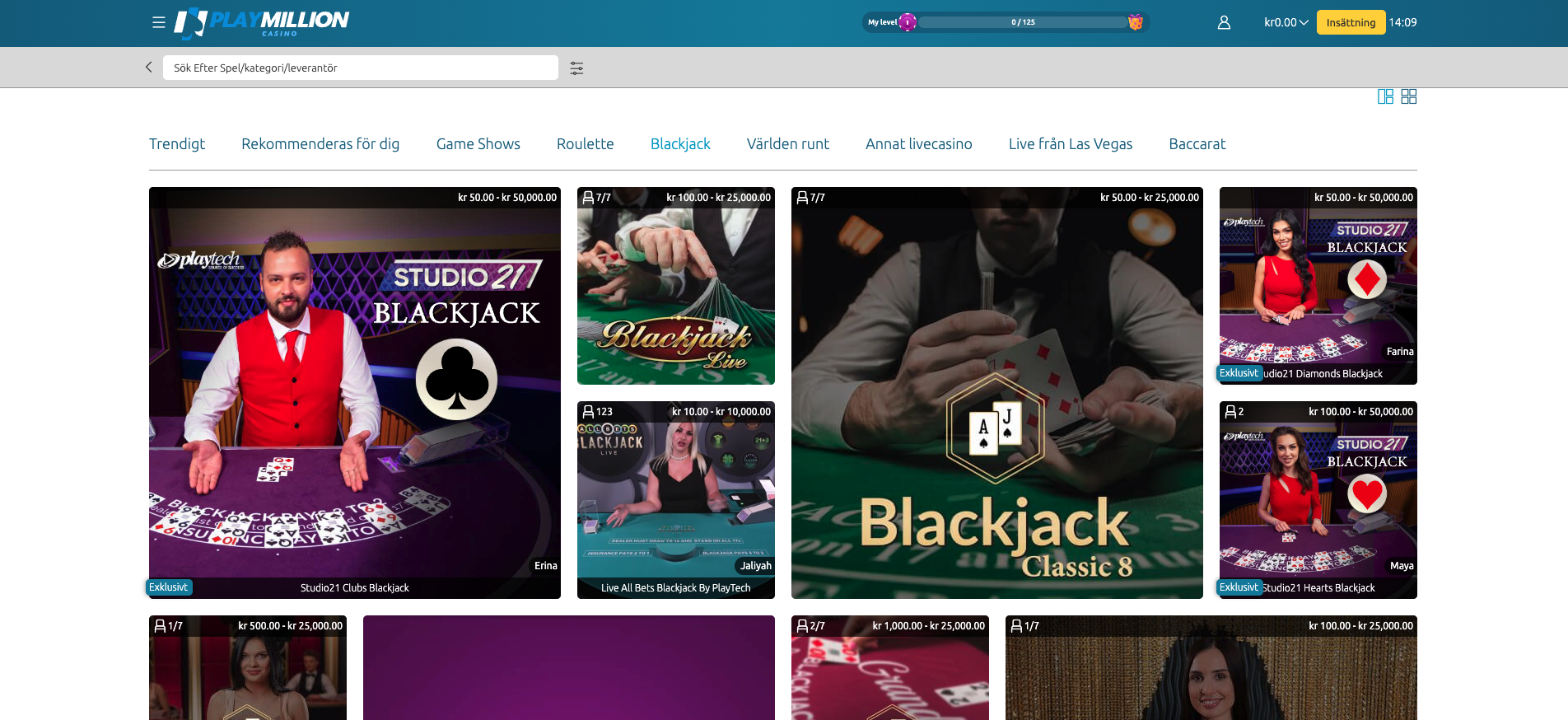 PlayMillion Casino live blackjack med Studio21 Clubs Blackjack, Blackjack Classic 8 och flera blackjackbord med riktiga dealers.