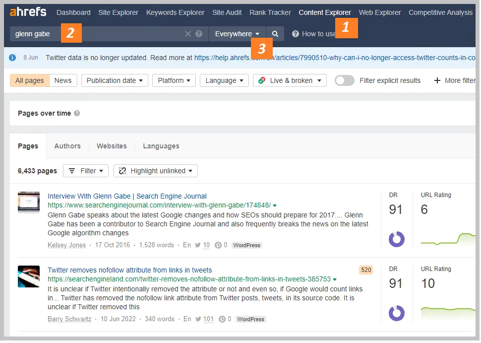 AHRefs screenshot of content explorer author search