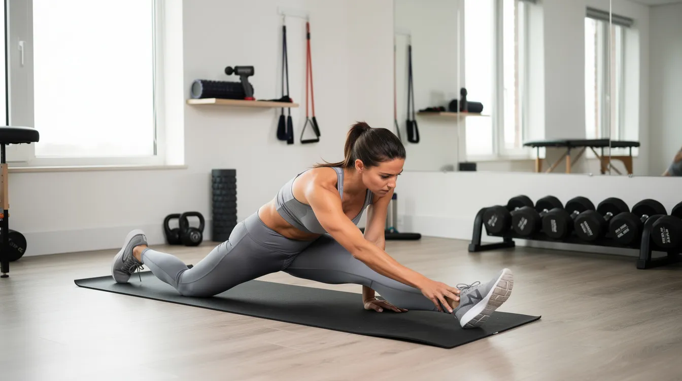 An athlete is seen stretching in a modern home gym, surrounded by various recovery equipment, including a hot tub and an infrared sauna. The image highlights the importance of heat therapy for muscle recovery, promoting relaxation and improving blood flow to soothe sore muscles.